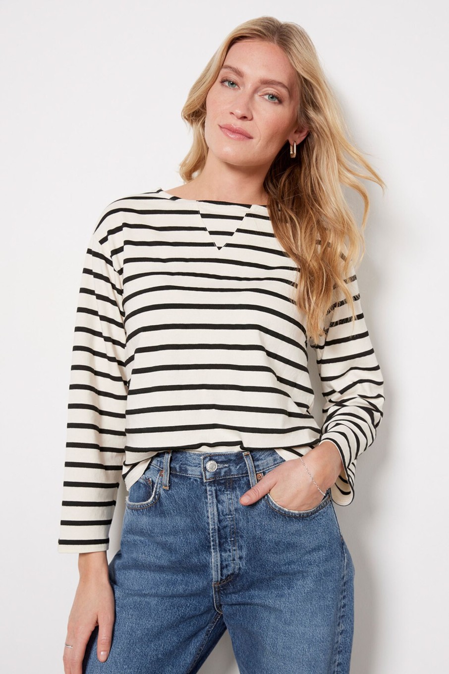 Clothing MONROW | Stripe Boat Neck Long Sleeve