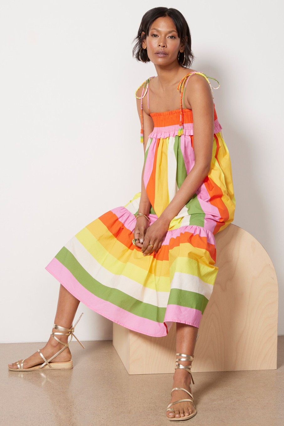 Clothing FARM RIO | Neon Floral Red Stripes Midi