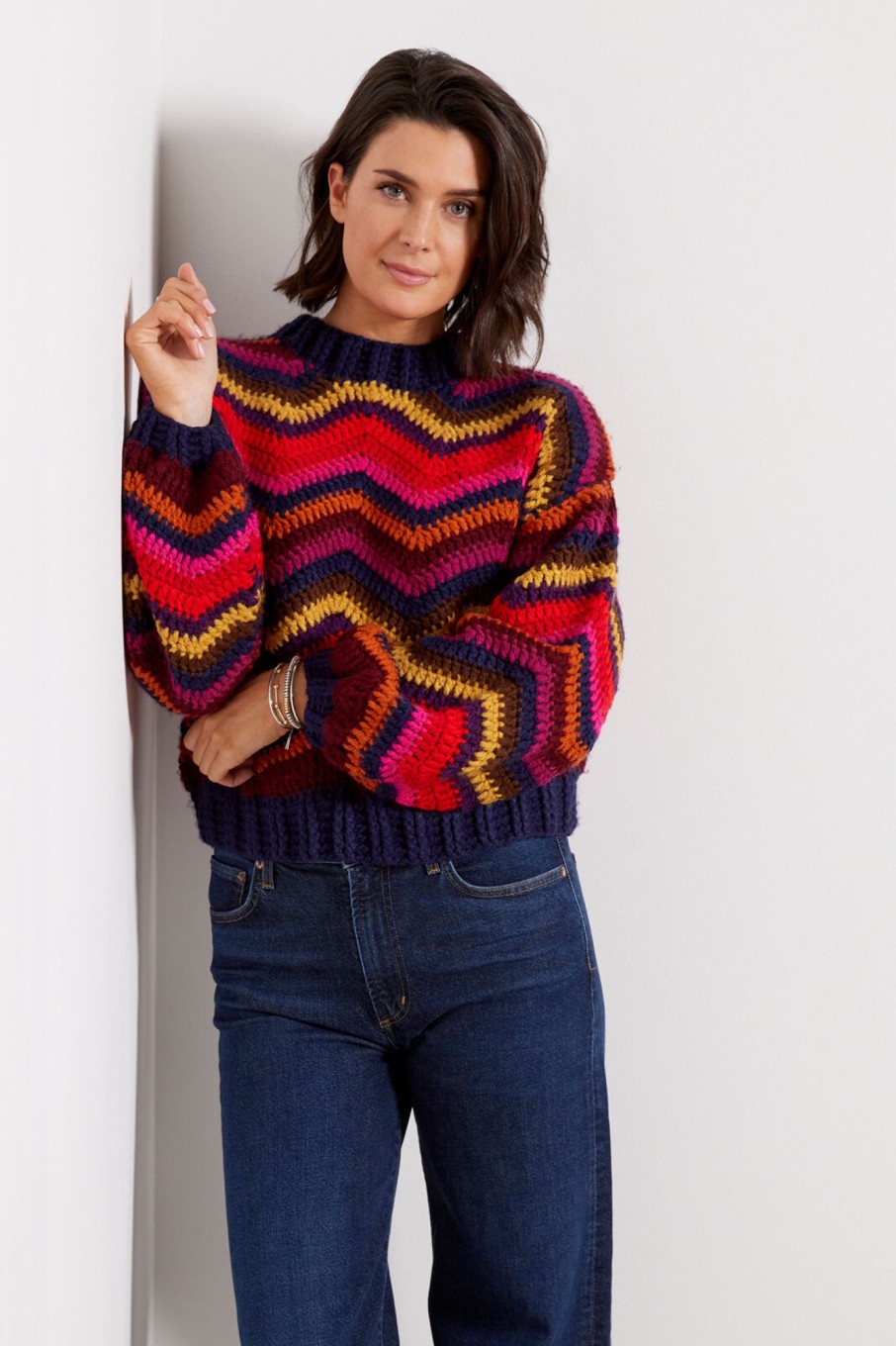 Clothing FARM RIO | Colorful Waves Crochet Pullover