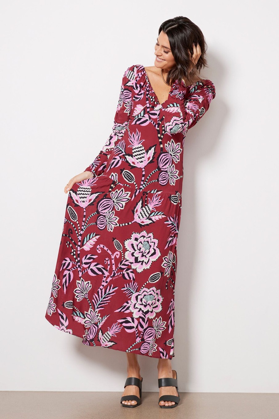 Clothing FARM RIO | Pineapple Inspiration Burgundy V Neckline Maxi Dress